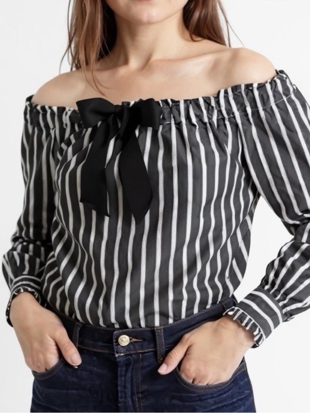 J. Crew Black and White Off-Shoulder Stripe Top with Bow